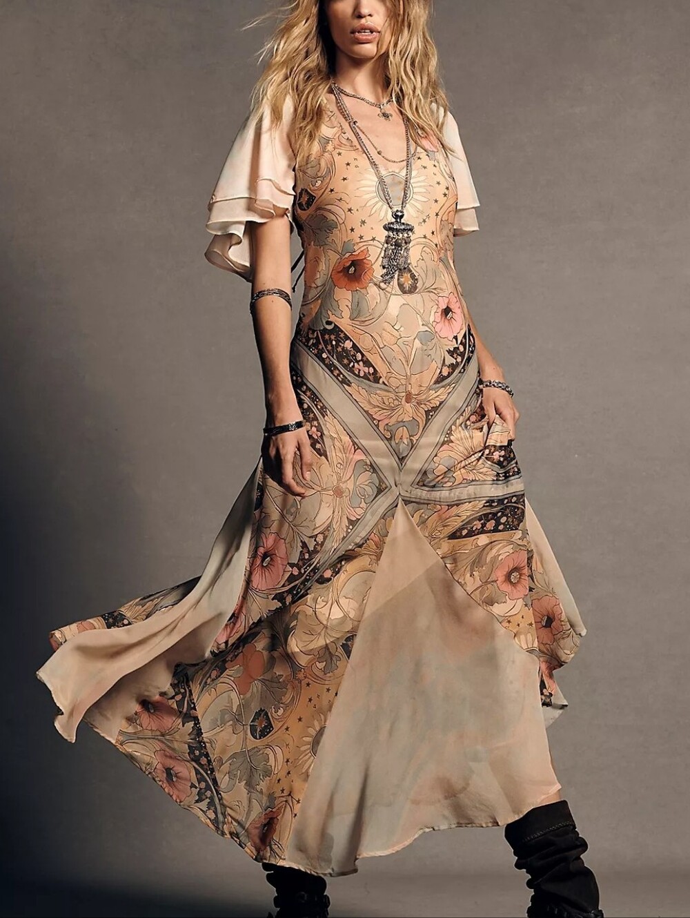 NWOT Free People Celestial Nights Bohemian Flutter Floral Maxi Dress Blush Peach